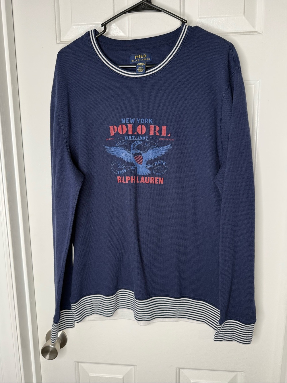 Ralph Lauren Navy Waffle Knit Long Sleeve Graphic Crew Sleep Top with Logo